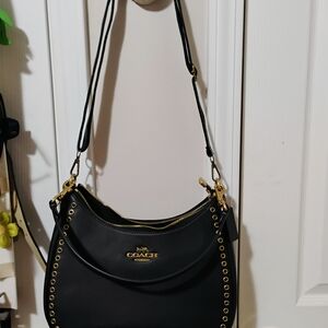 Coach Teri Hobo Bag In Black With Gold Grommets